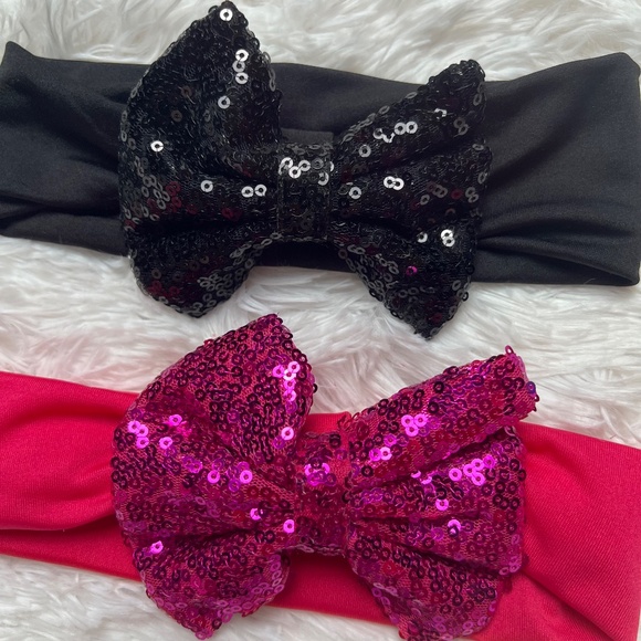 New Girl's Baby/Toddler Bow Sequin Stretch Headband Pink and Black Set - Picture 2 of 3